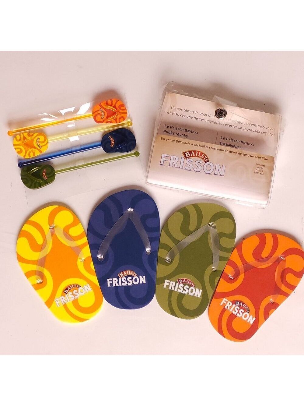 RARE BAILEY'S Flip Flop Coaster and Swizzle Stick Lot BNIP French Packaging